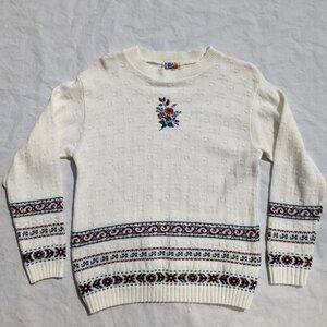 Vintage Embroidered Rose Detailed Knit Sweater with Scalloped Neck Womans Small
